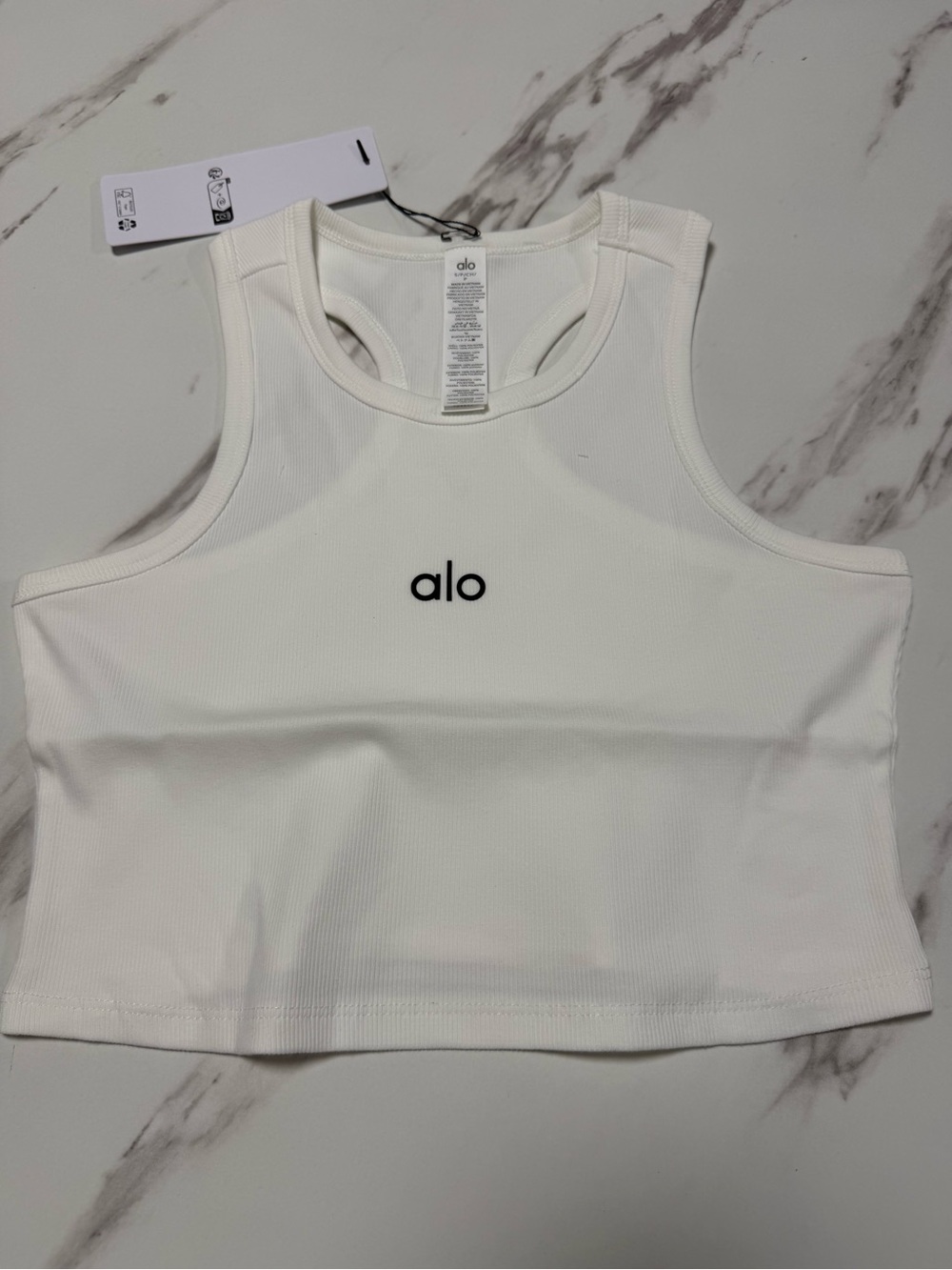 ALO Yoga White Ribbed Cropped Tank - Logo Front